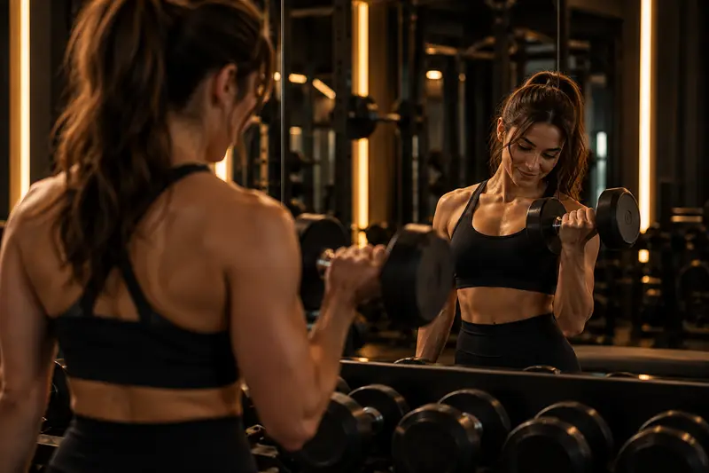 Mujer haciendo curl de bíceps con mancuerna frente al espejo del gimnasio