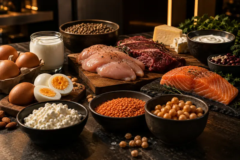 Alimentos ricos en proteína: huevos, pollo, salmón, yogur y legumbres